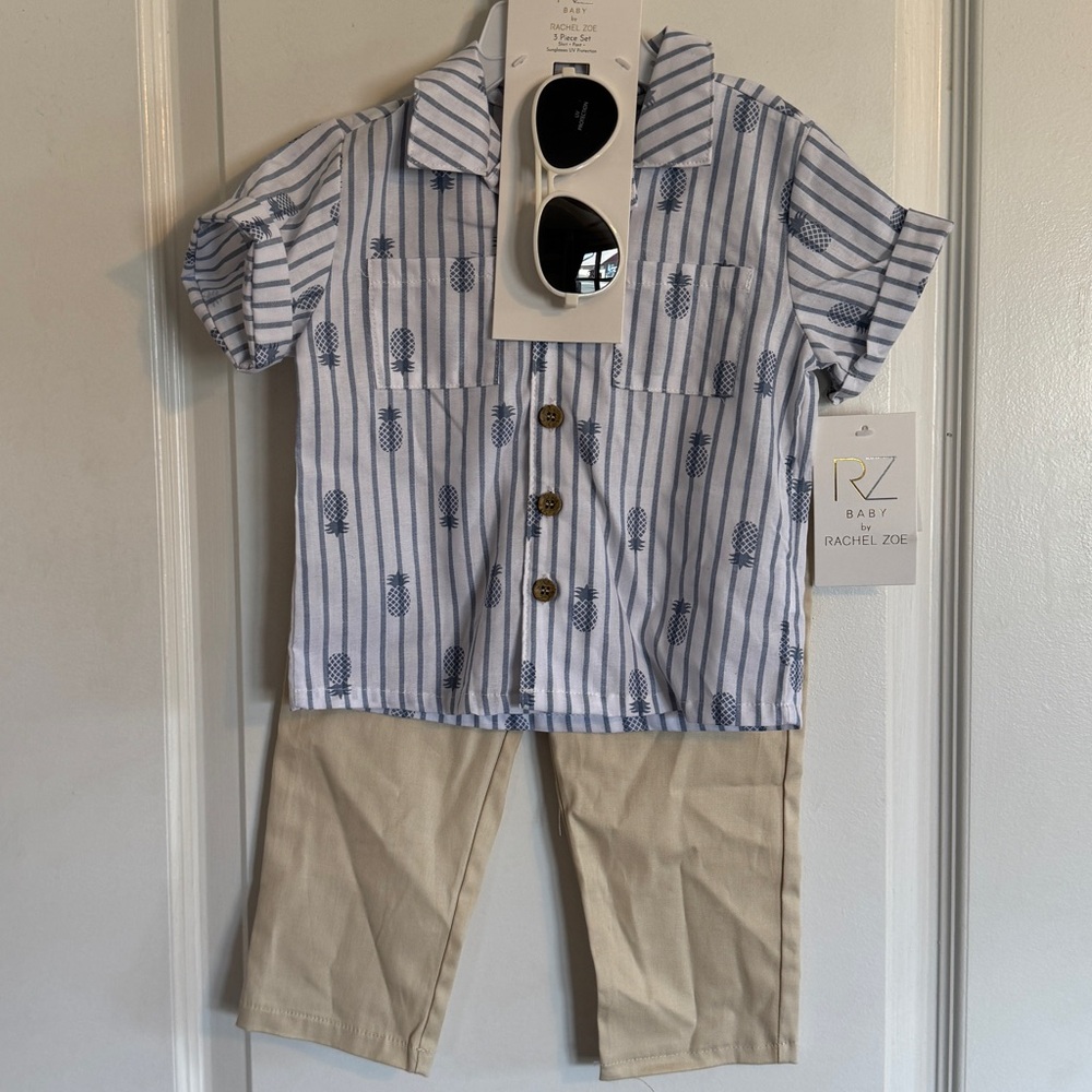 😎 Rachel Zoe Pineapple Blue Striped Shirt and Tan Pants Set 18 mos